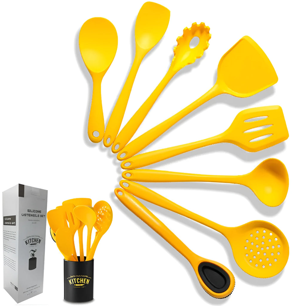 Yellow silicone and nylon 4-piece cooking utensil set with spoon and spatula for nonstick cookware
