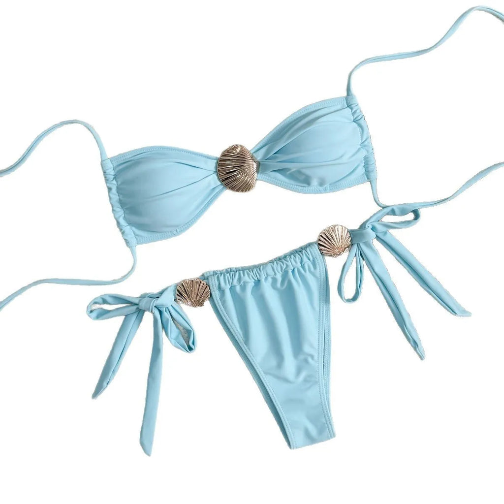 Blue women's high waist lace-up bikini swimsuit in polyester with metal shell detail on briefs