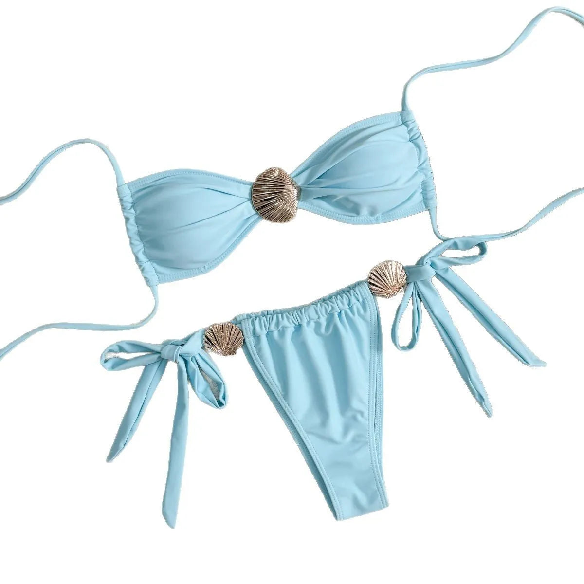 Blue women's high waist lace-up bikini swimsuit in polyester with metal shell detail on briefs
