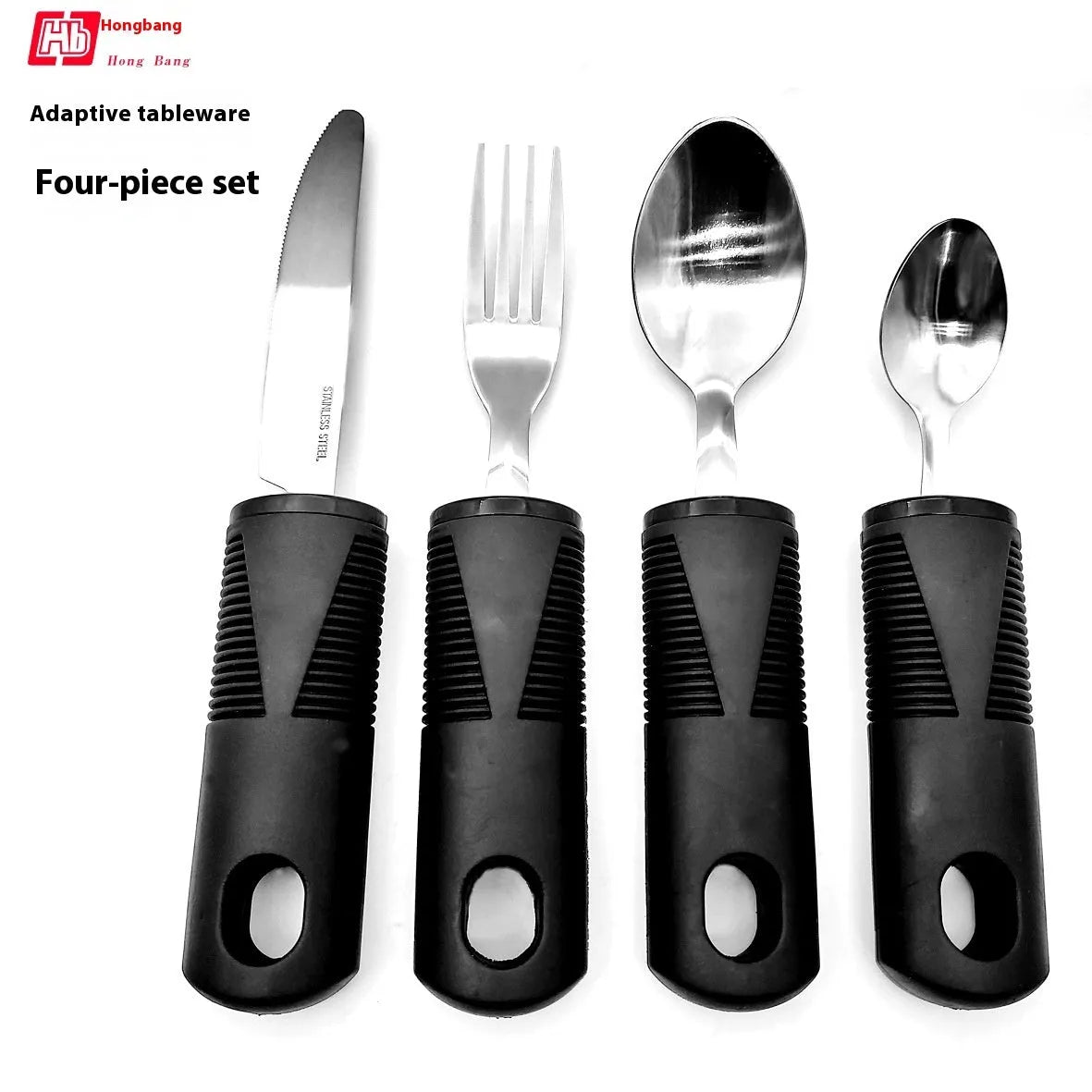 Stainless steel adaptive spoons and cutlery with black rubber handles on a grey background.
