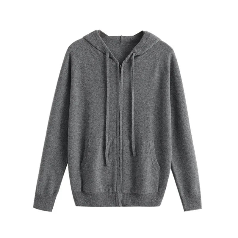 Men's hooded cashmere cardigan with zipper front in solid colours for work wear