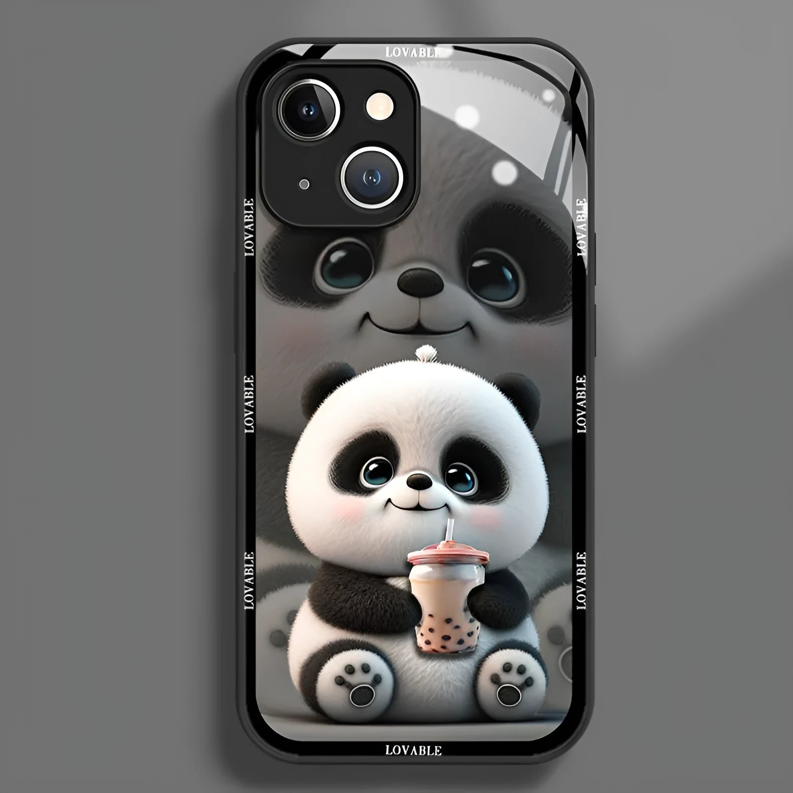 Black glass phone case with liquid silicone sleeve featuring milk tea panda design for iPhone 13