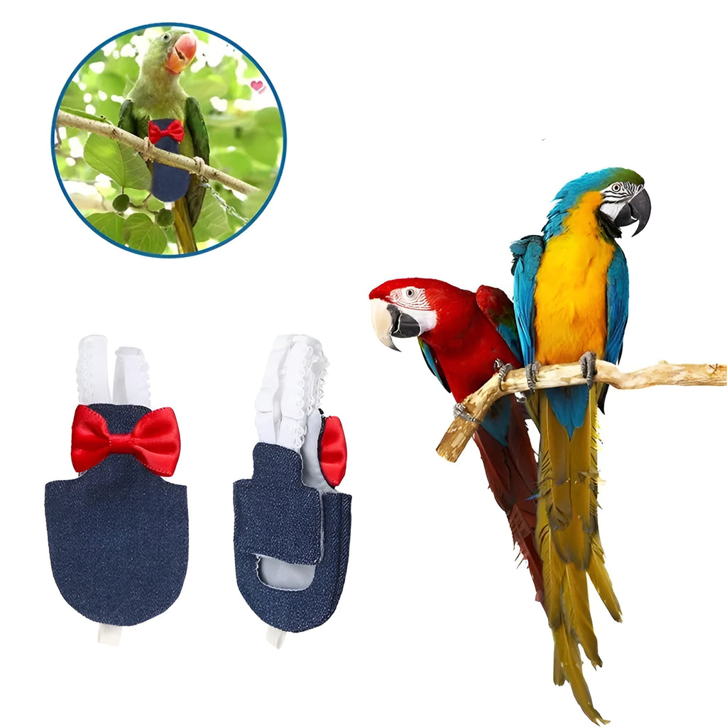 Parrot wearing a denim-style nappy diaper with metal fastenings, size L, on a perch