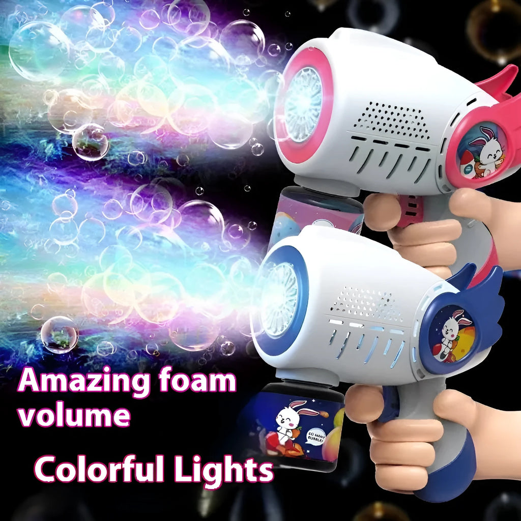 Electric bubble maker toy in blue dinosaur colour with luminous automatic foaming and porous design