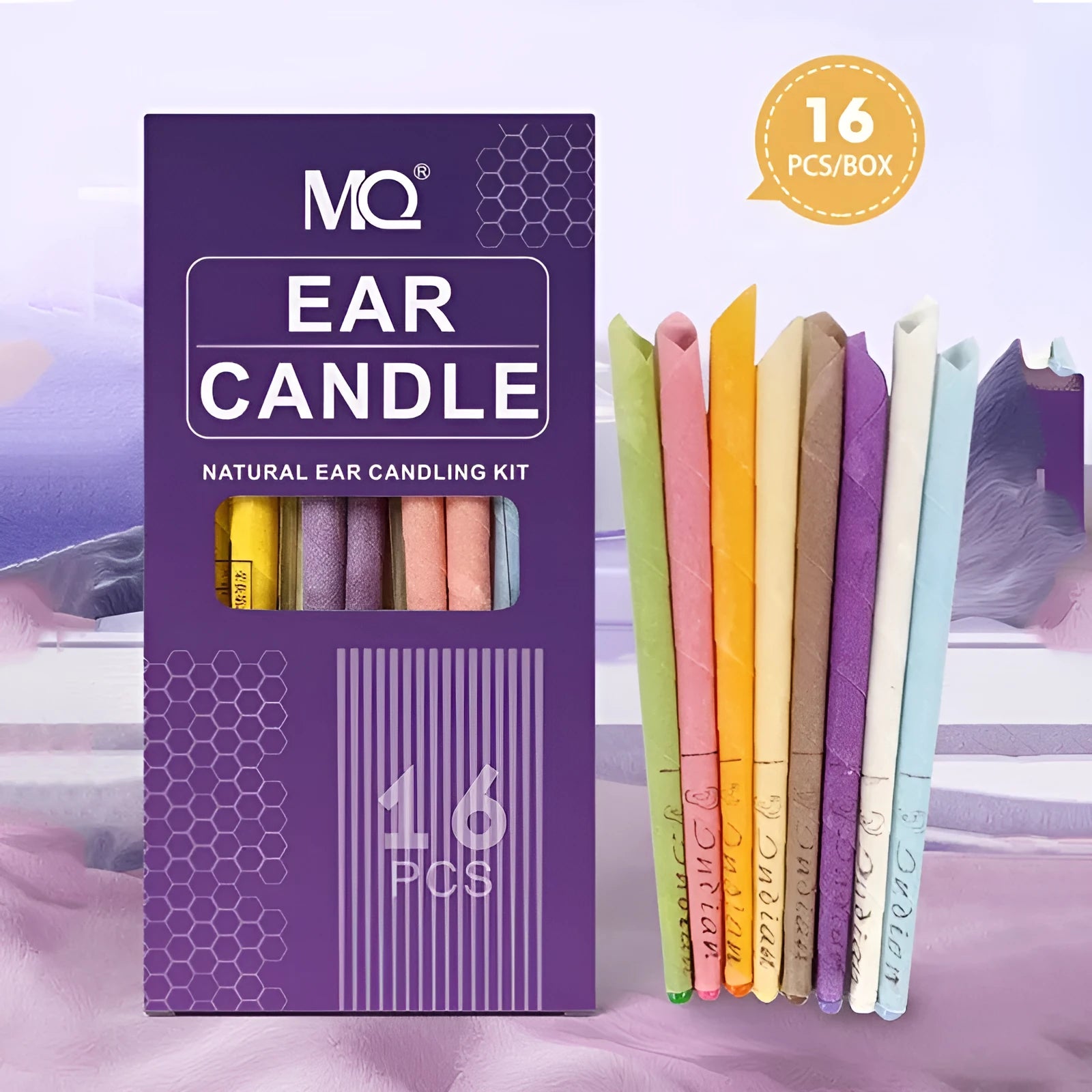 Ear candle suit box containing 16 cotton cloth candles, 8 protection boards, and 16 swabs in one of eight colours.
