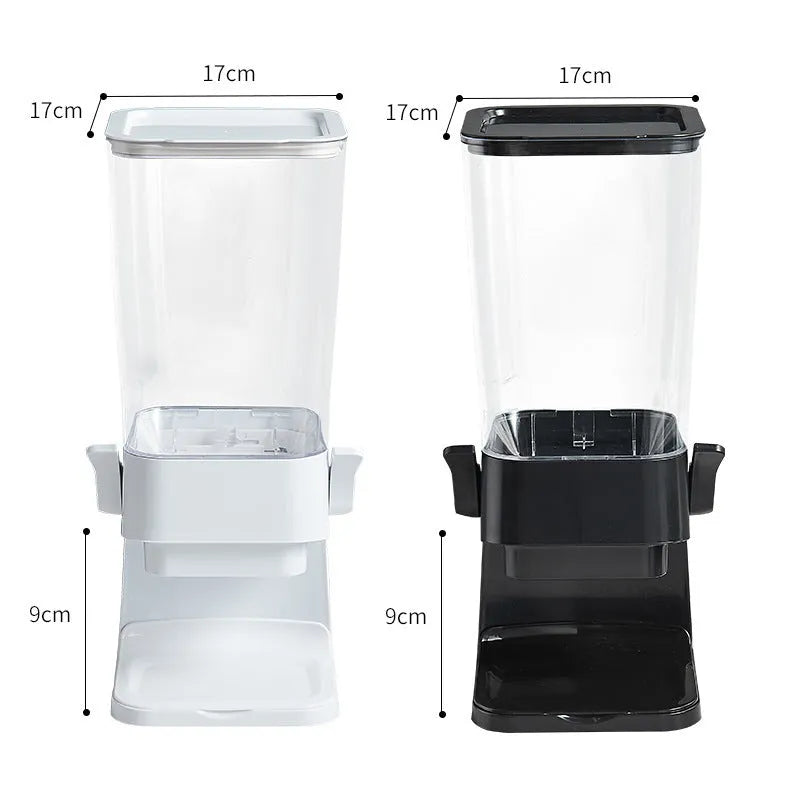 Countertop cereal dispenser in black with 5.5 quart capacity, chute opening, and removable tray