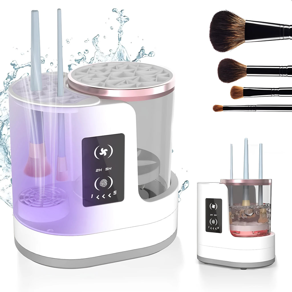 White rechargeable electric makeup brush cleaner with drying chamber and control buttons
