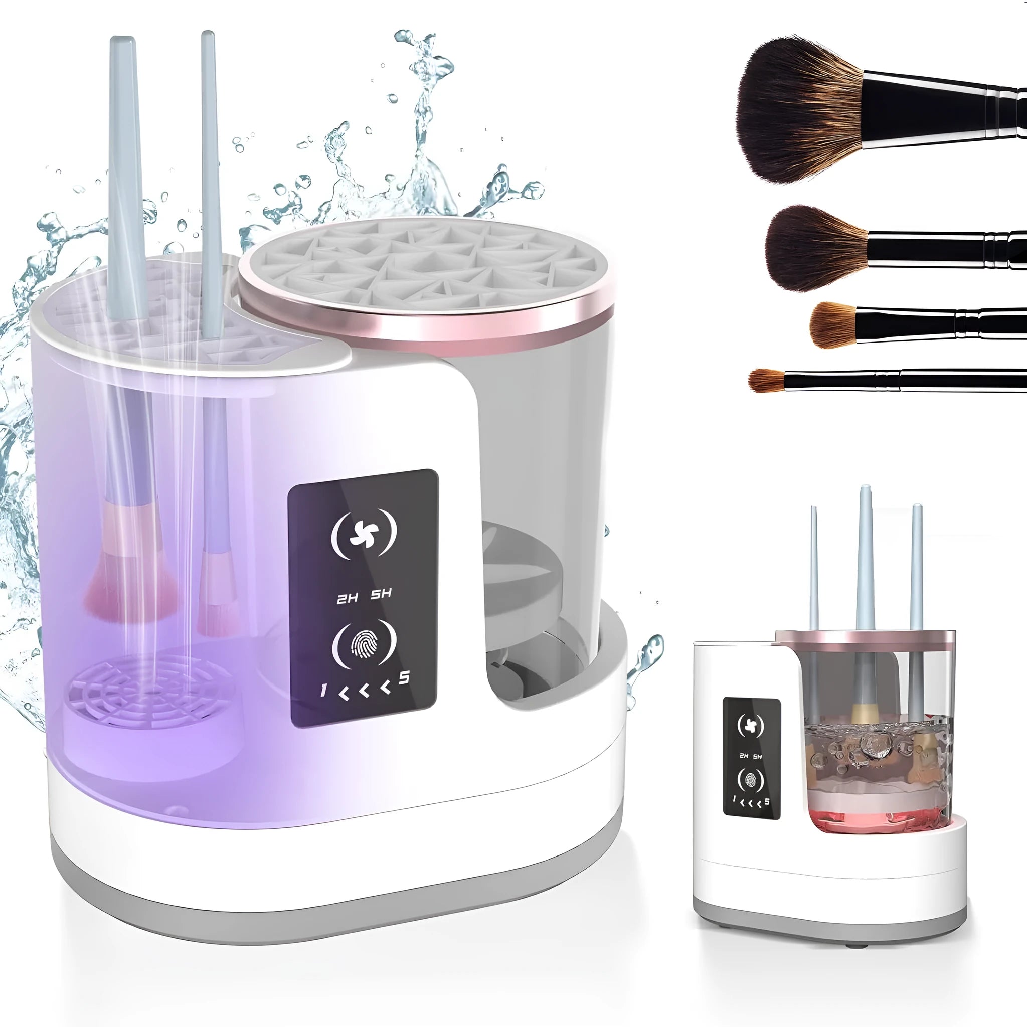 White rechargeable electric makeup brush cleaner with drying chamber and control buttons
