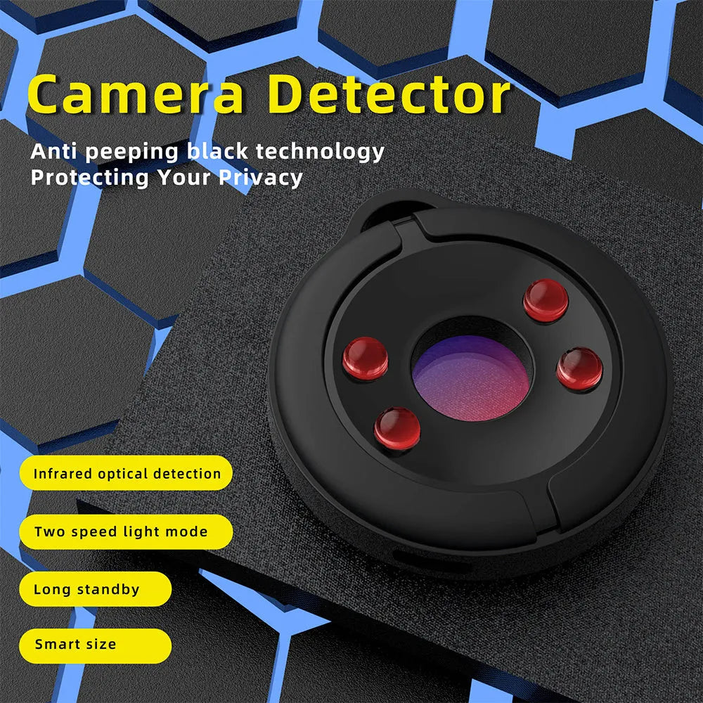 Compact infrared camera detector with filtering lens for hidden camera detection up to 5 metres.