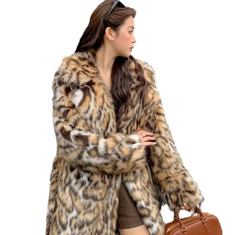 Women's faux fur coat with fur collar in street fashion style showing long and mid-length options