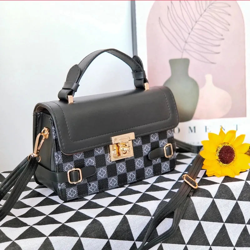Retro small square pattern crossbody bag in apricot colour, showing horizontal square shape and stitching detail.
