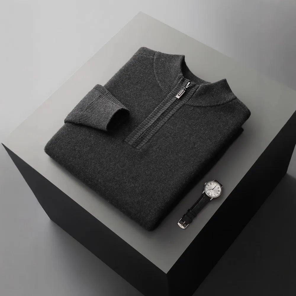 Men's seven-needle cashmere half-zip knit sweater in camel, dark gray or light gray, sizes S to XXXL