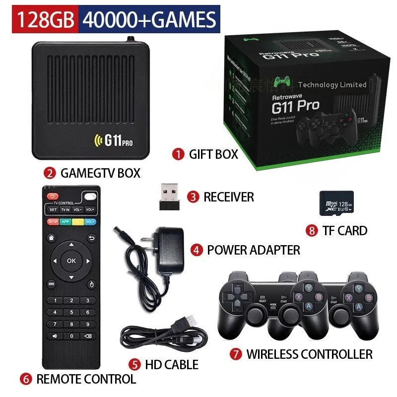 G11 PRO Dual System TV Set-top Box Open Source Game Console in black, with HDMI port and ABS casing