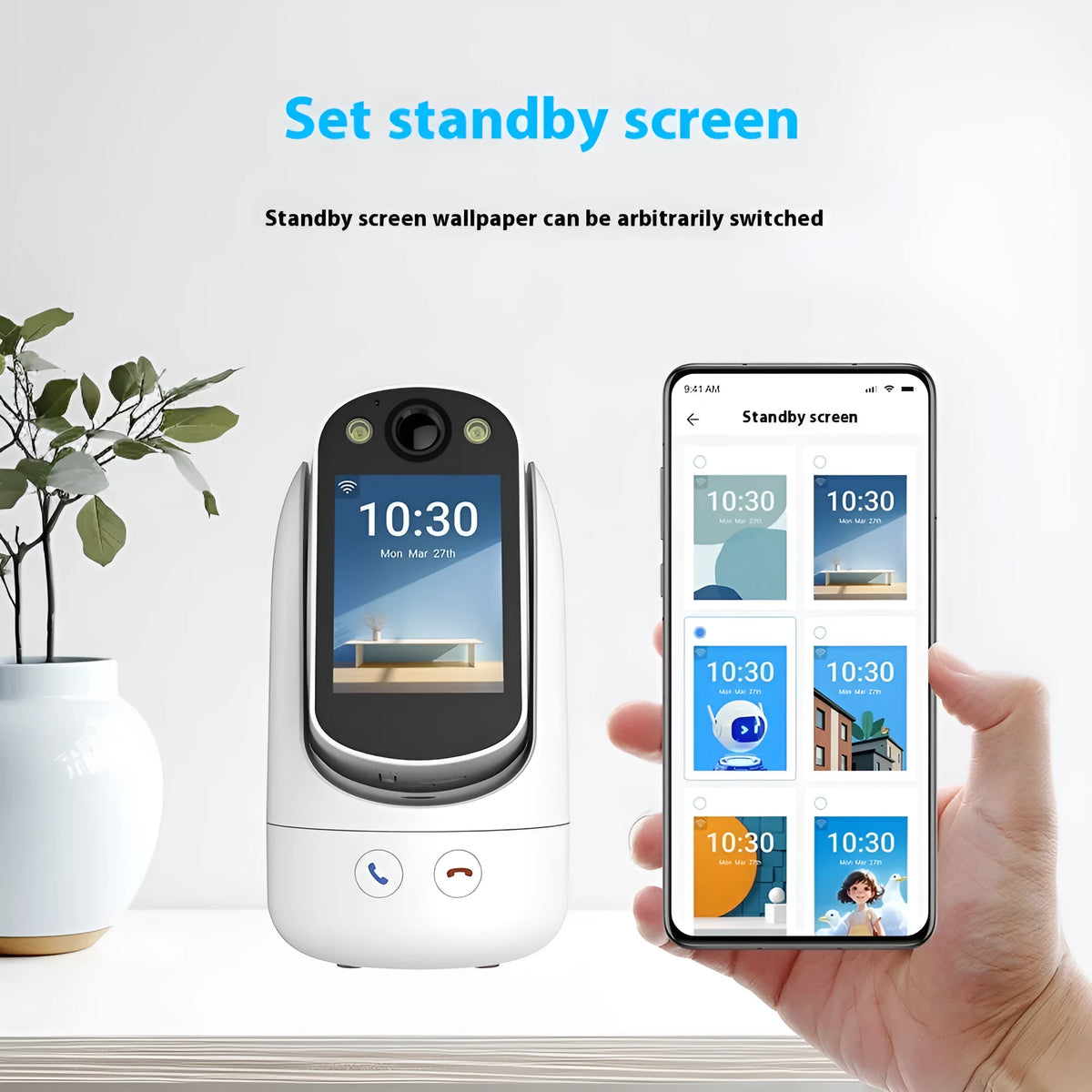 C20 two-way video call surveillance camera with 2.8-inch IPS screen, 1080P HD, white colour, front and side view