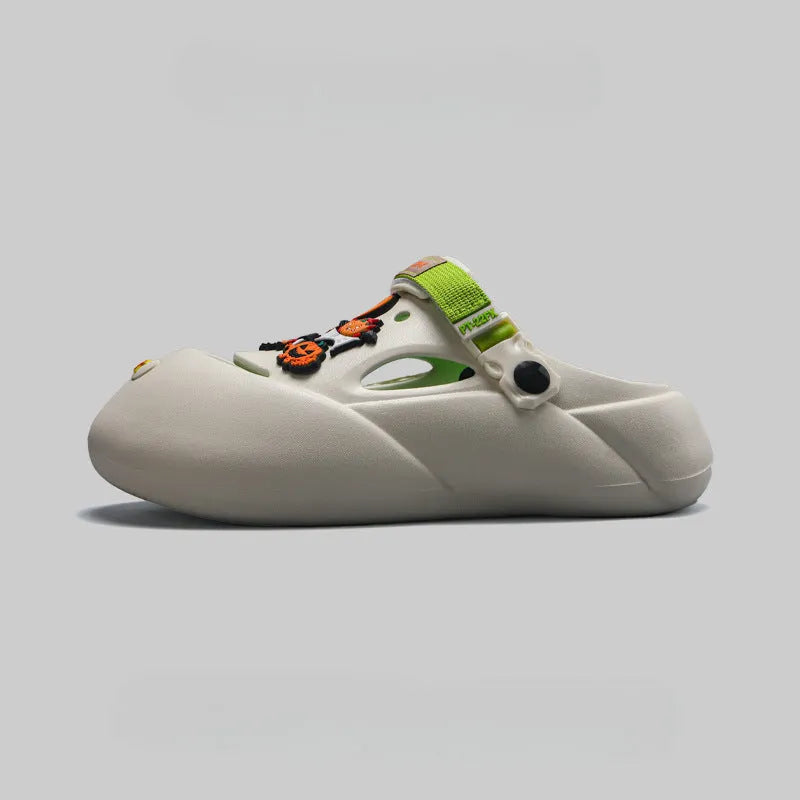 Men's grey baotou beach shoes with a soft EVA sole, shown on a sandy background.