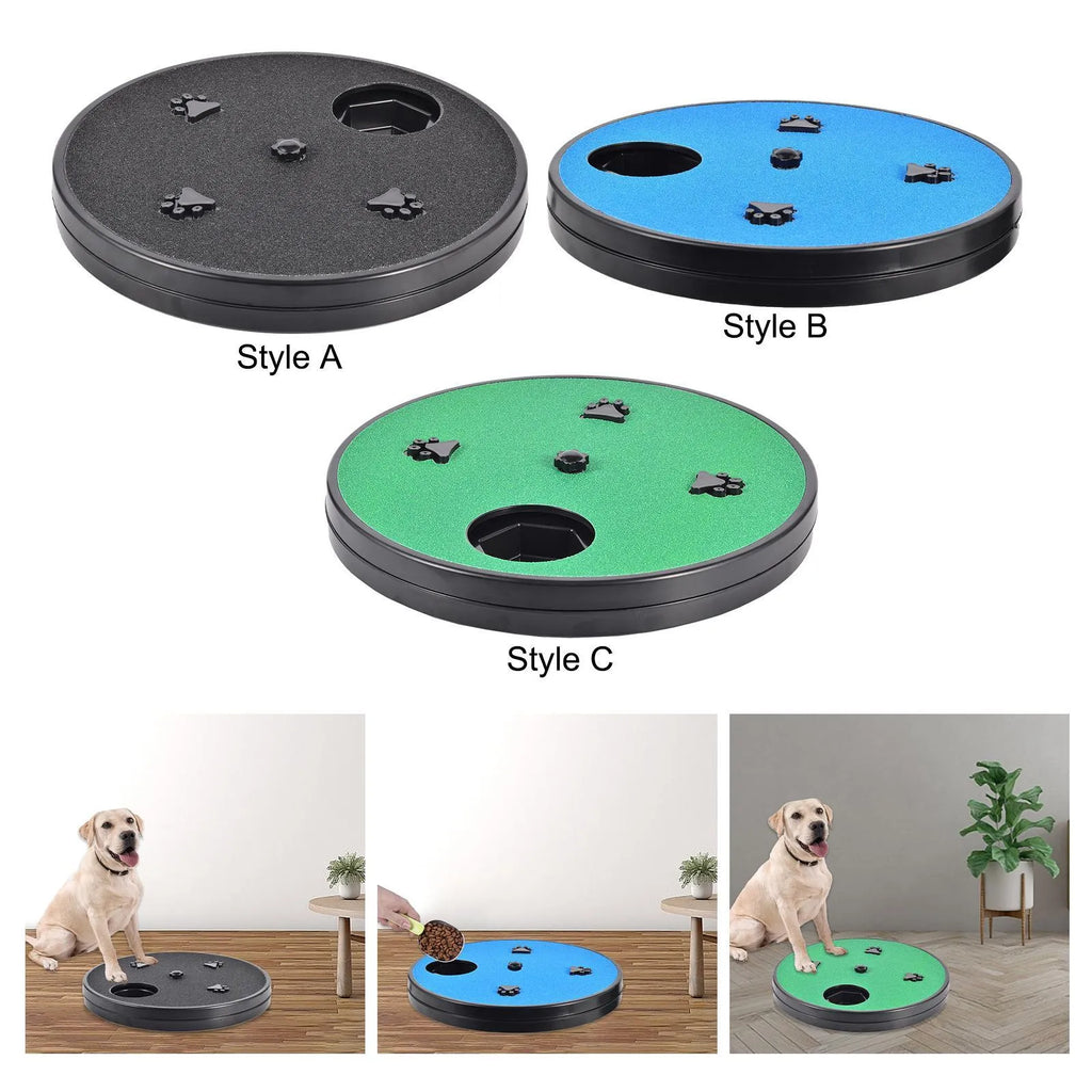 Square blue dog scratch pad with rotating top cover, suction cup base, and raised footprint guides.