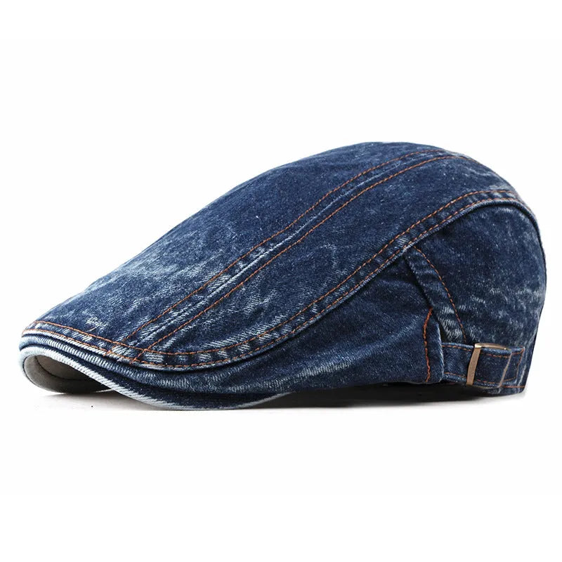 Fashion wash denim beret in black with flat-top crown and curly brim for unisex wear