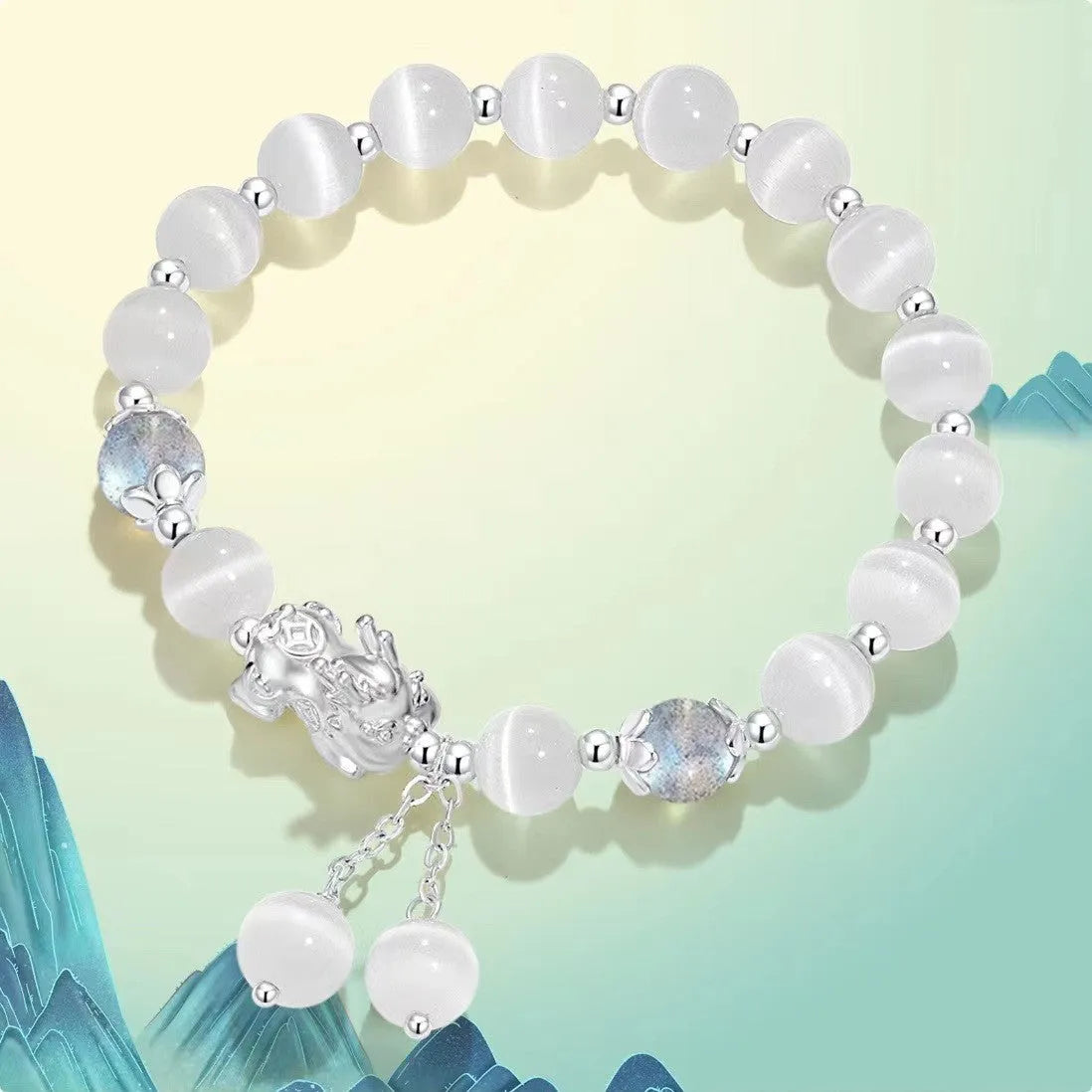 Natural black agate couples bracelet with 10mm wave beads and grey opal accents