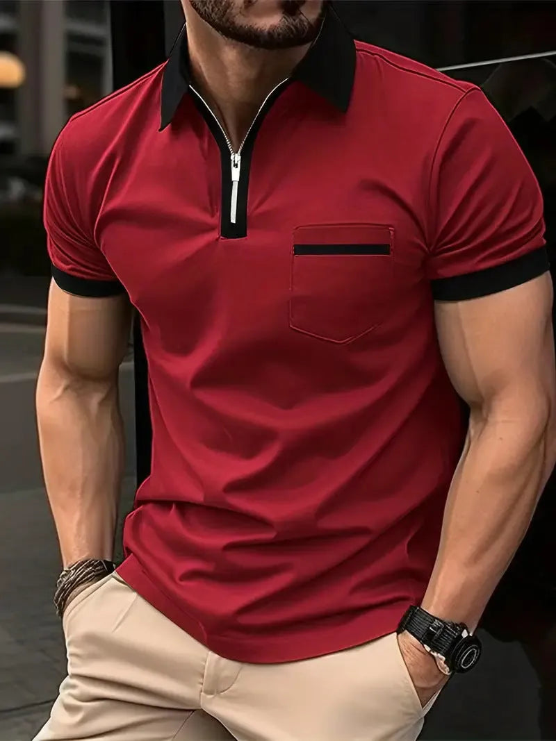 Men's loose fit short sleeve casual shirt with chest pocket and zipper decoration