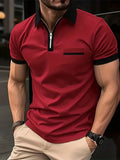 Men's loose fit short sleeve casual shirt with chest pocket and zipper decoration