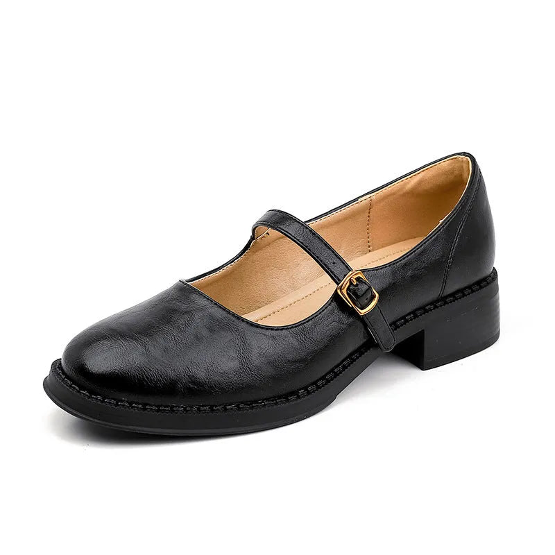 Thick-soled extra height black leather shoes for women with round toe and low top