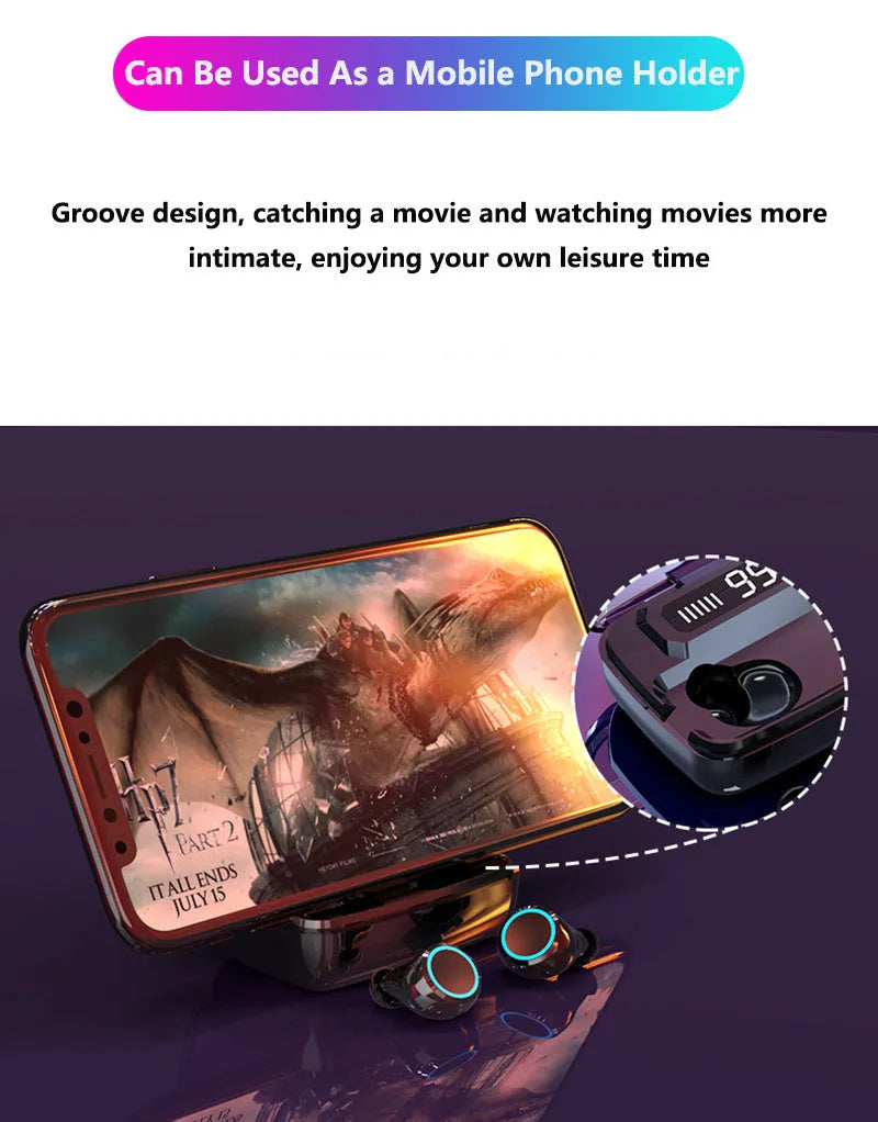 Black M11 style Bluetooth wireless headset with digital display and charging case with phone holder.