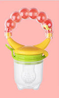 Baby fruit feeder with silicone mesh bag in blue and green colours on white background