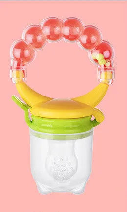 Baby fruit feeder with silicone mesh bag in blue and green colours on white background