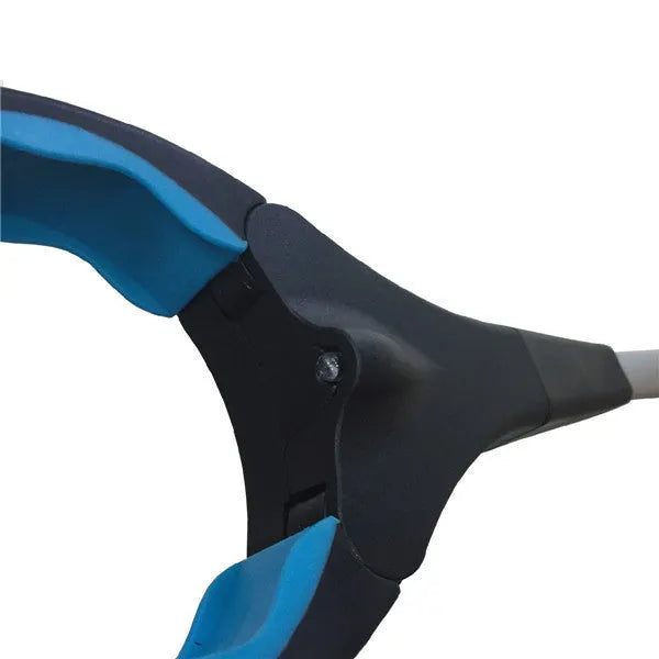 Blue foldable portable pickup tool with aluminium shaft and stainless steel grabber, shown extended and collapsed.