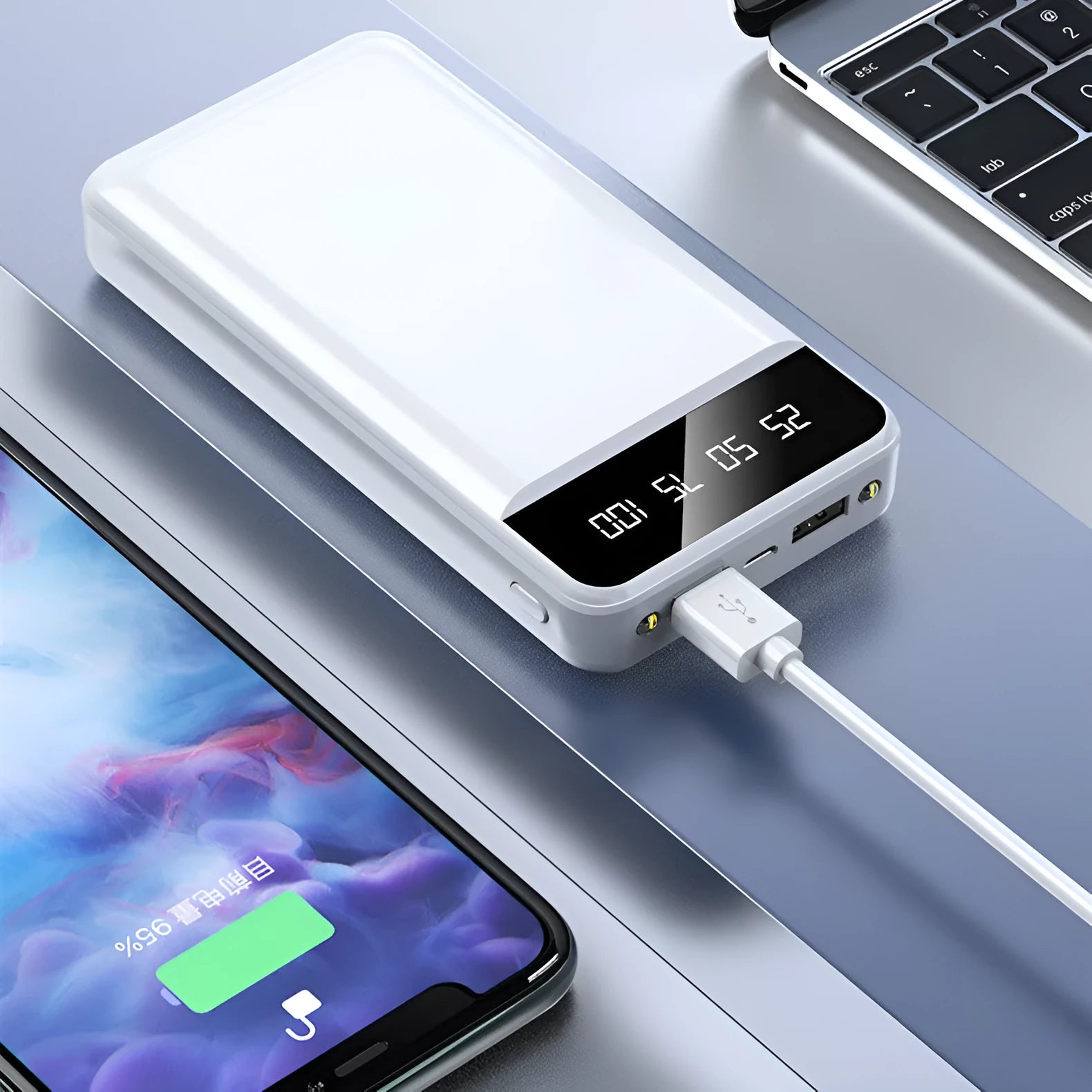 20000 mAh polymer power bank in black, white, pink, or blue colours, showing multiple USB ports and compact size.