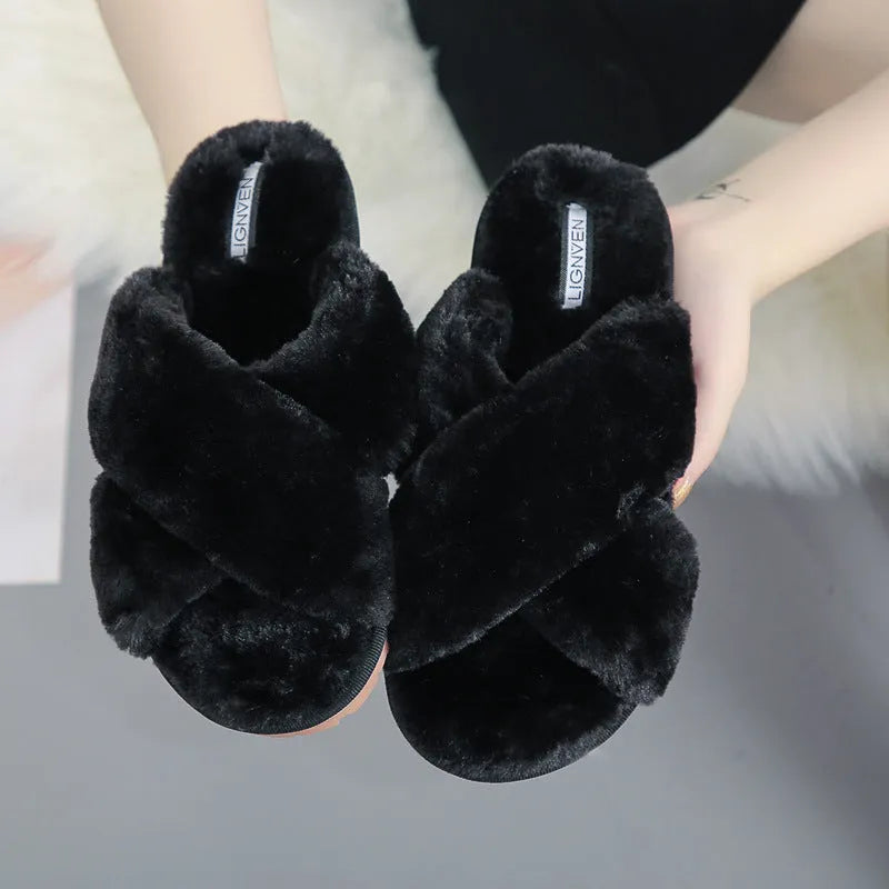 Women's cross open-toe fur slippers in multiple colours on a patterned non-slip rubber sole.