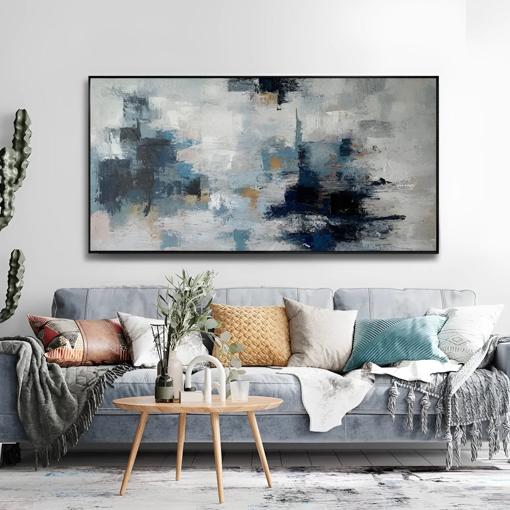 Handmade modern abstract oil painting on canvas in horizontal format without frame