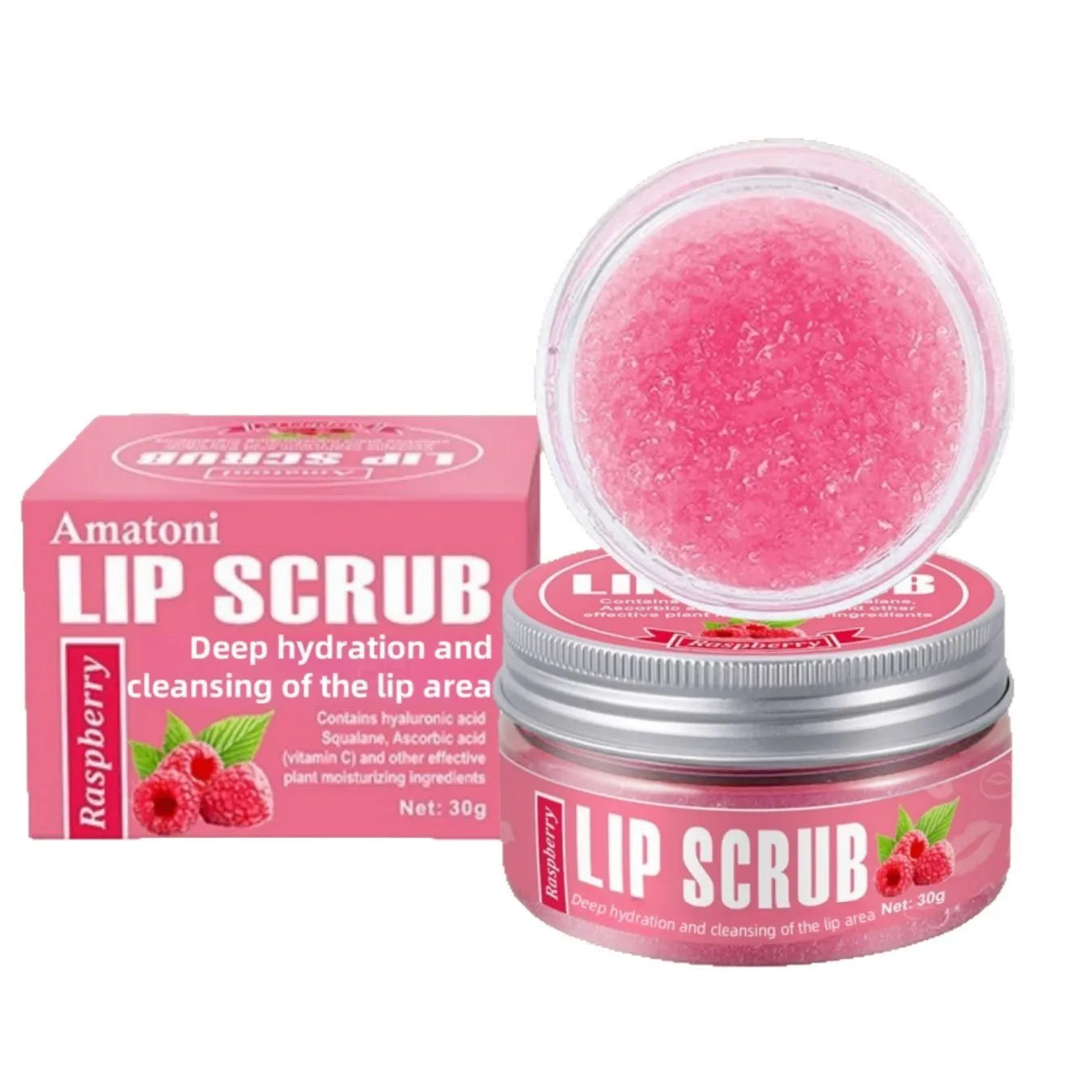 Amatoni Lip Scrub cream in 30g container with coconut raspberry vanilla watermelon flavour options