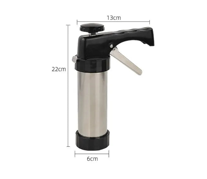 Stainless steel biscuit press with 13 moulds and 8 piping nozzles in a colour gift box