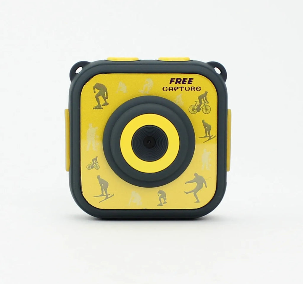 Yellow children's waterproof sports camera with compact design showing dimensions and LCD screen