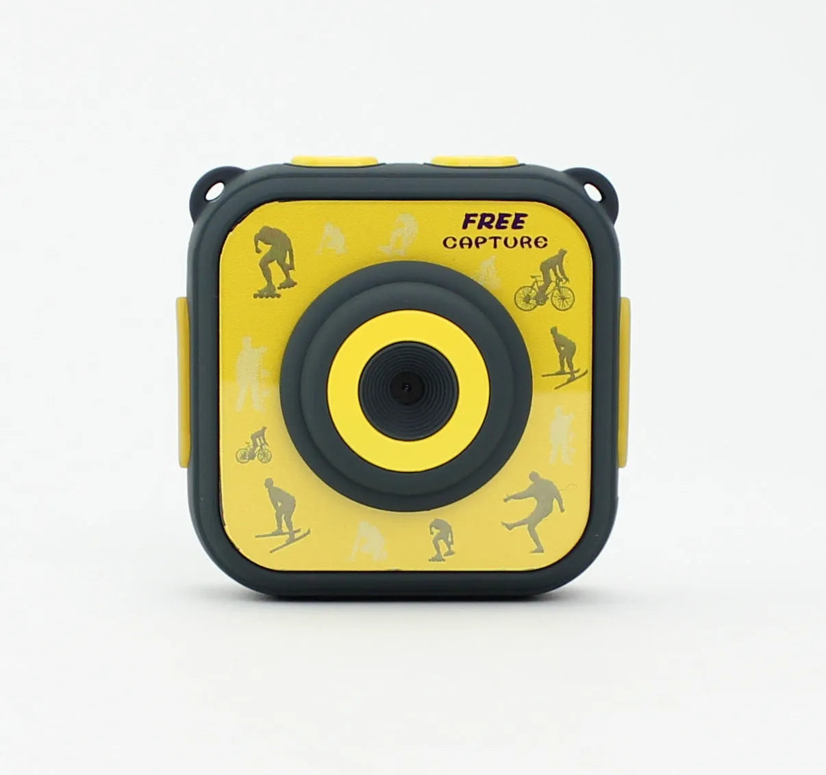 Yellow children's waterproof sports camera with compact design showing dimensions and LCD screen