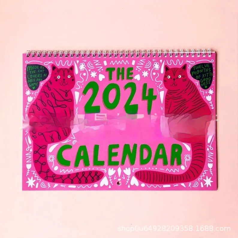 A3 landscape cat calendar wall planner showing monthly feline illustrations