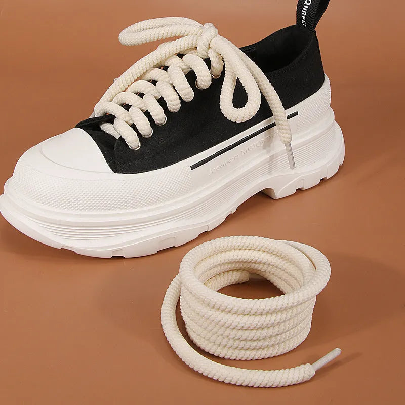 Round woven shoelaces with 10mm diameter in white, beige, and black colours for bread shoes
