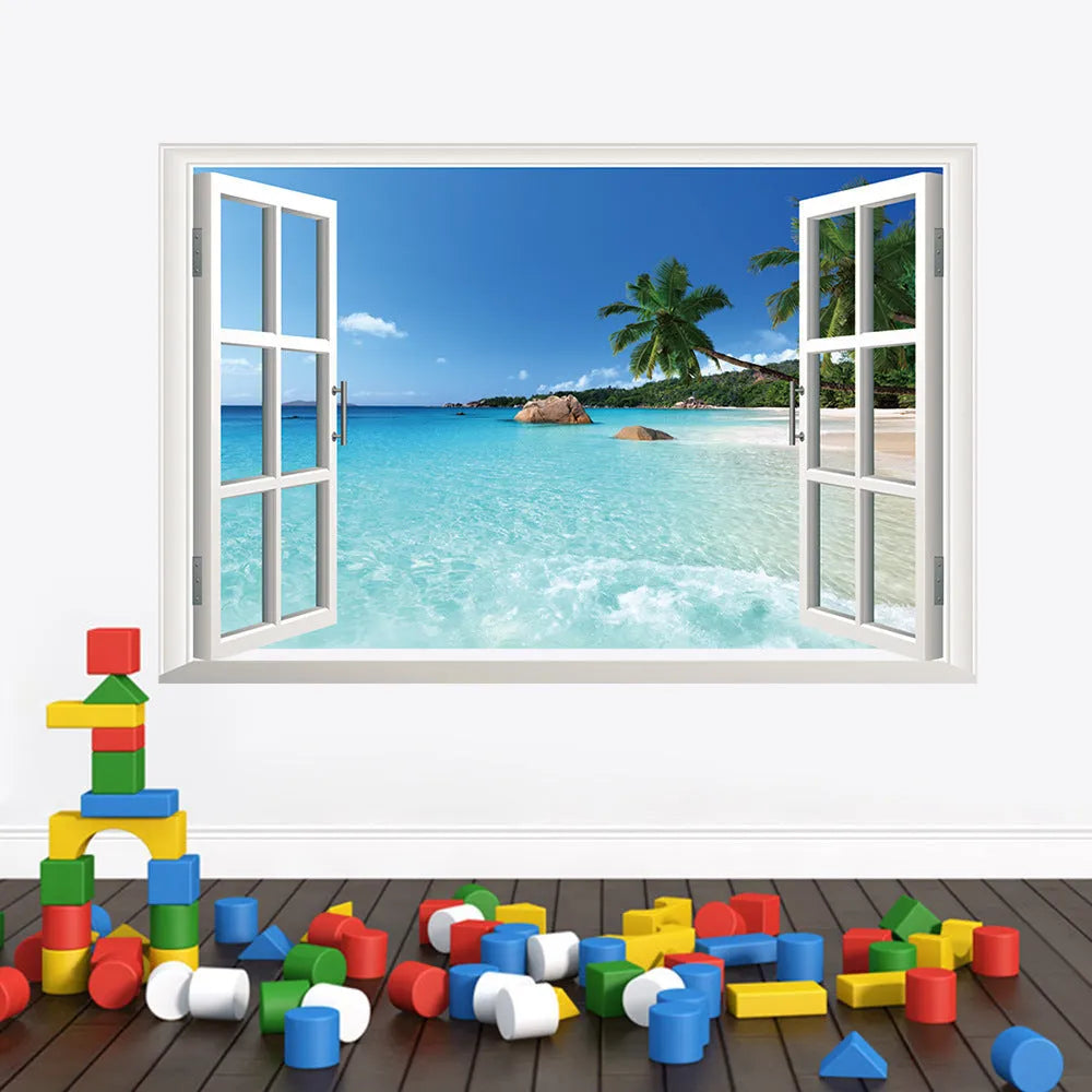 Sea view window wall sticker mural in blue and white with coastal scene on 60x90cm PVC material