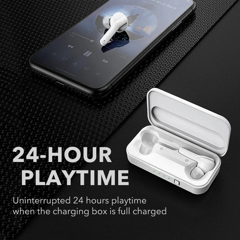 Black and white true wireless earbuds with charging case, showing discreet in-ear design for sports and daily use.