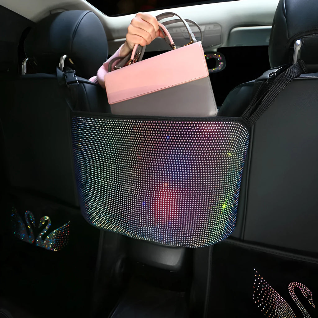 Crystal rhinestone car storage bag organizer with multi-pockets attached to backseat of car, showing white and colour options