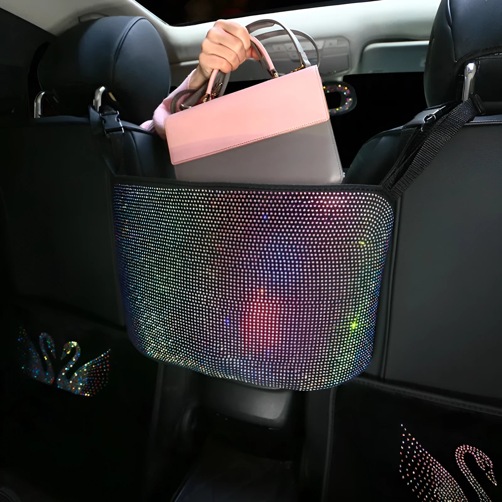 Crystal rhinestone car storage bag organizer with multi-pockets attached to backseat of car, showing white and colour options