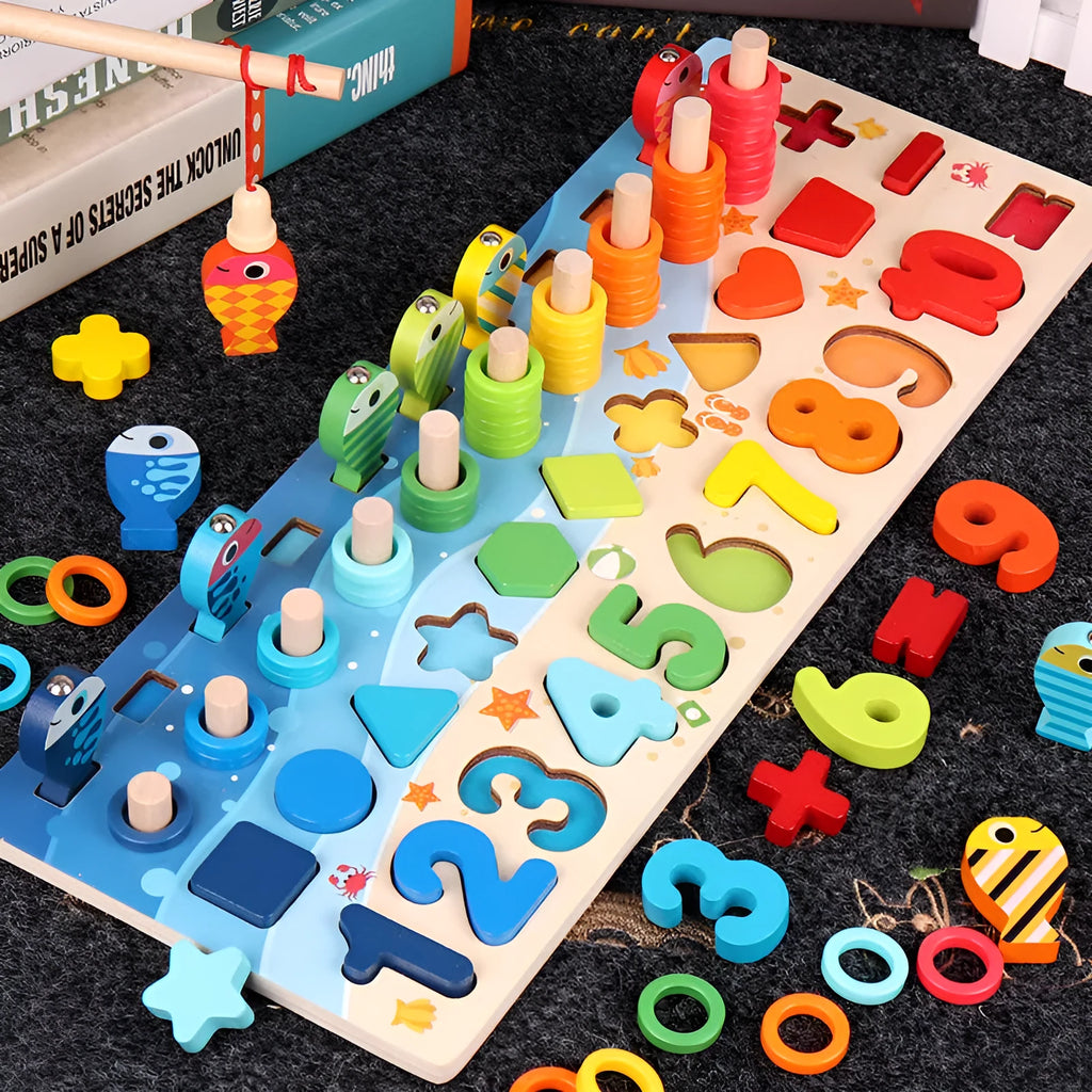Wooden 3D alphabet and number puzzle board with colourful geometric pieces for toddlers.