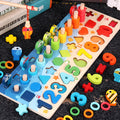 Wooden 3D alphabet and number puzzle board with colourful geometric pieces for toddlers.