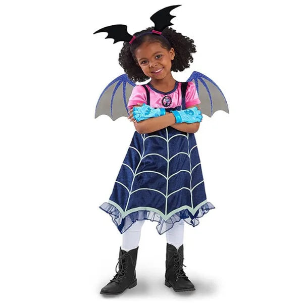 Blue cotton short sleeve princess Halloween dress for a young girl on a hanger.