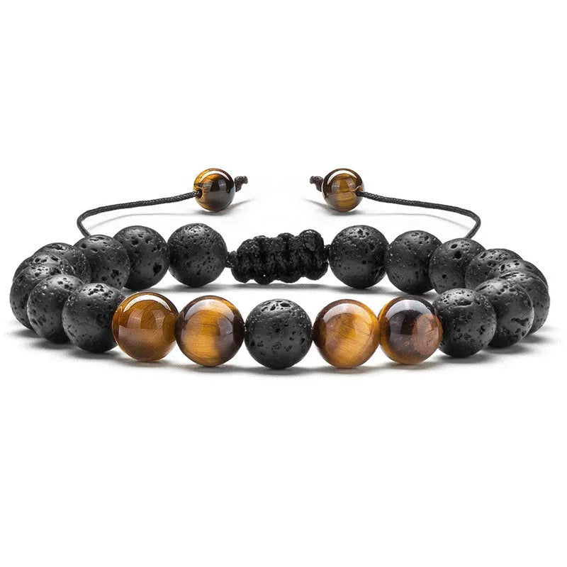 Geometric couple bracelets with tiger eye and matte black agate beads