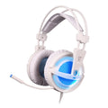 Black and white 7.1 USB gaming headset with LED lights on ear cups