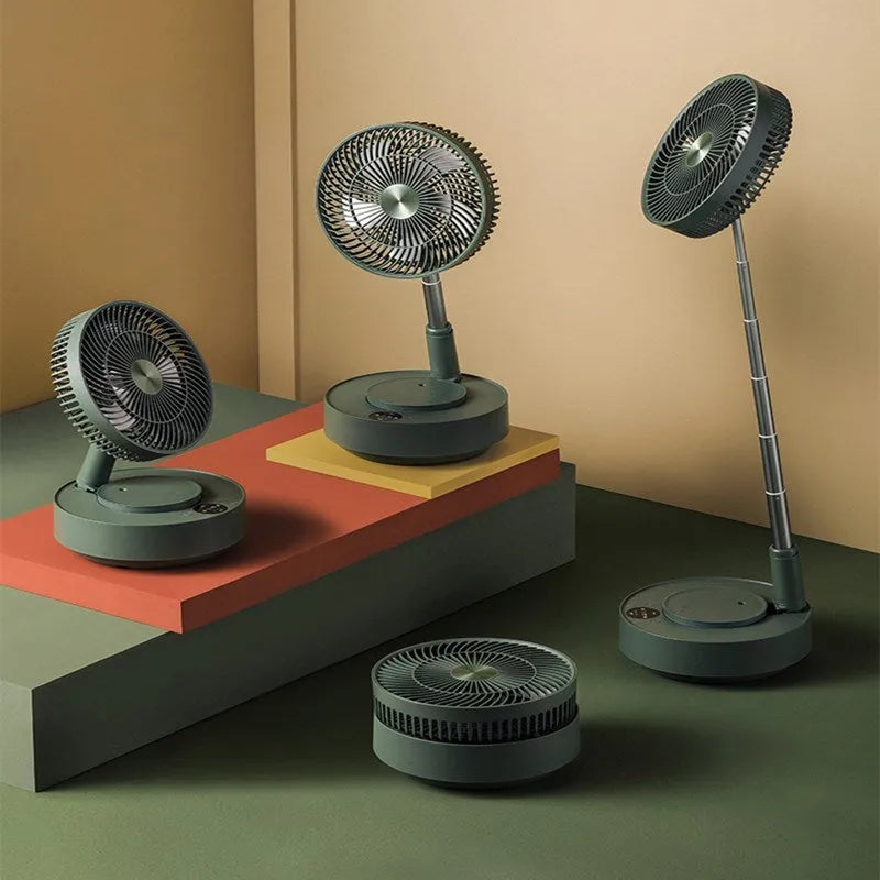 Green telescopic storage floor electric fan shown in both desktop and extended vertical configurations with remote control
