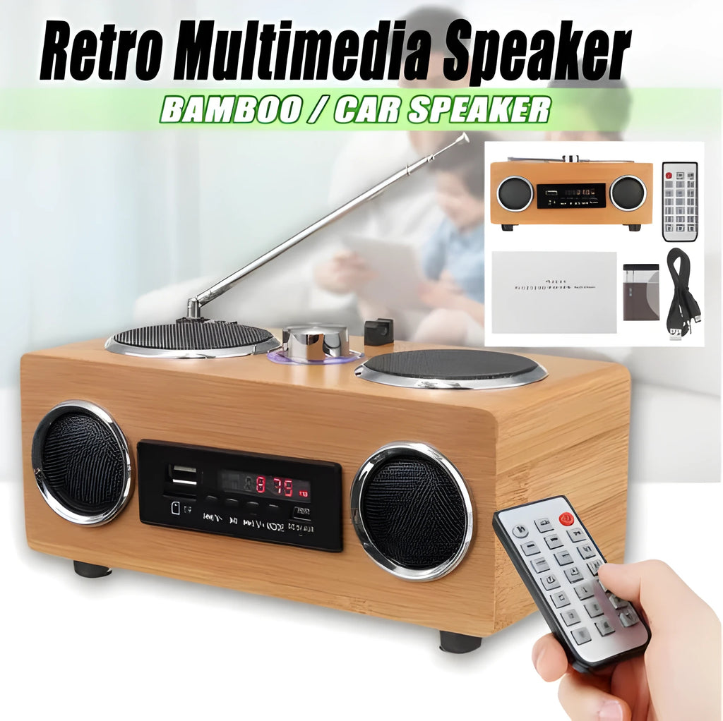 Wood-finish Bluetooth speaker with two-channel stereo and 15-metre range