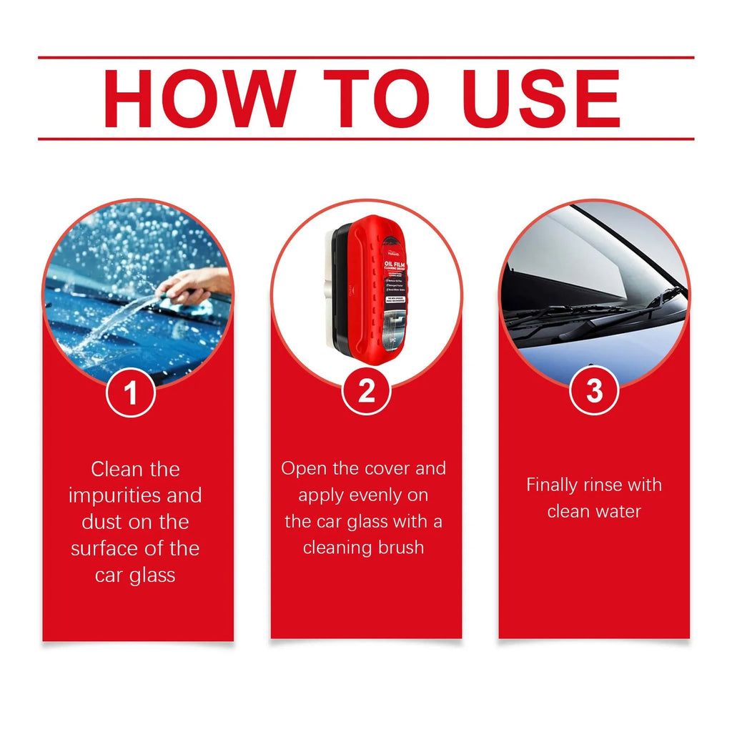 Car glass oil film cleaner with integrated liquid brush and reusable foam sprayer for windscreen cleaning